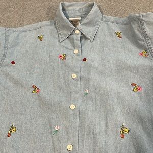 Vintage Warner Bros Chambray Top Small Y2K 90s Embroidered Button Cartoon